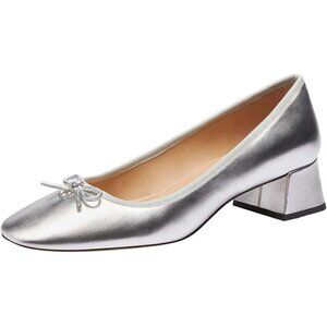 Coach Women Metallic Silver Bow Accent Block Heel Pull-On Ava Ballet Pump Shoes
